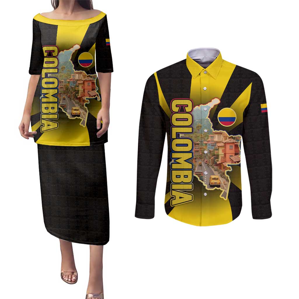 Colombia Heritage Couples Matching Puletasi and Long Sleeve Button Shirt with Yellow Black Flag Map and City Street Art - Wonder Print Shop