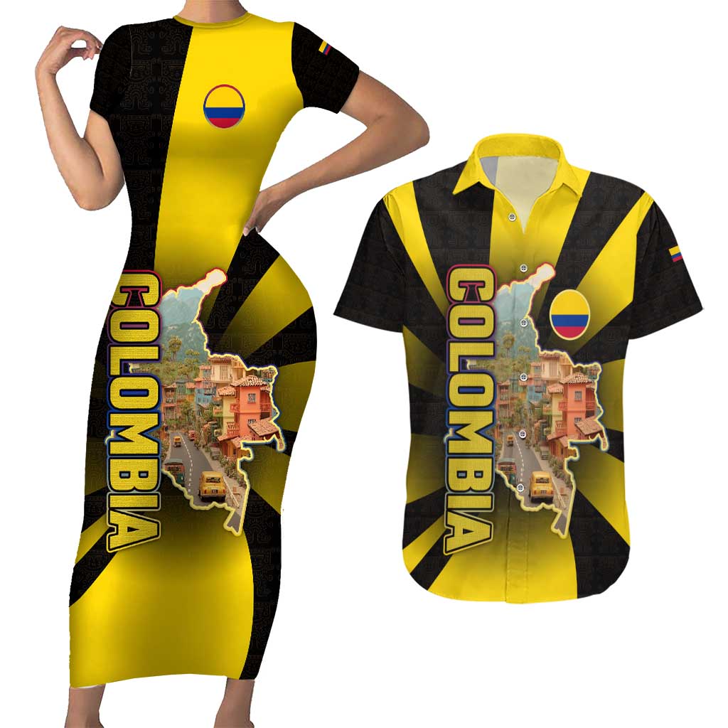 Colombia Heritage Couples Matching Short Sleeve Bodycon Dress and Hawaiian Shirt with Yellow Black Flag Map and City Street Art - Wonder Print Shop