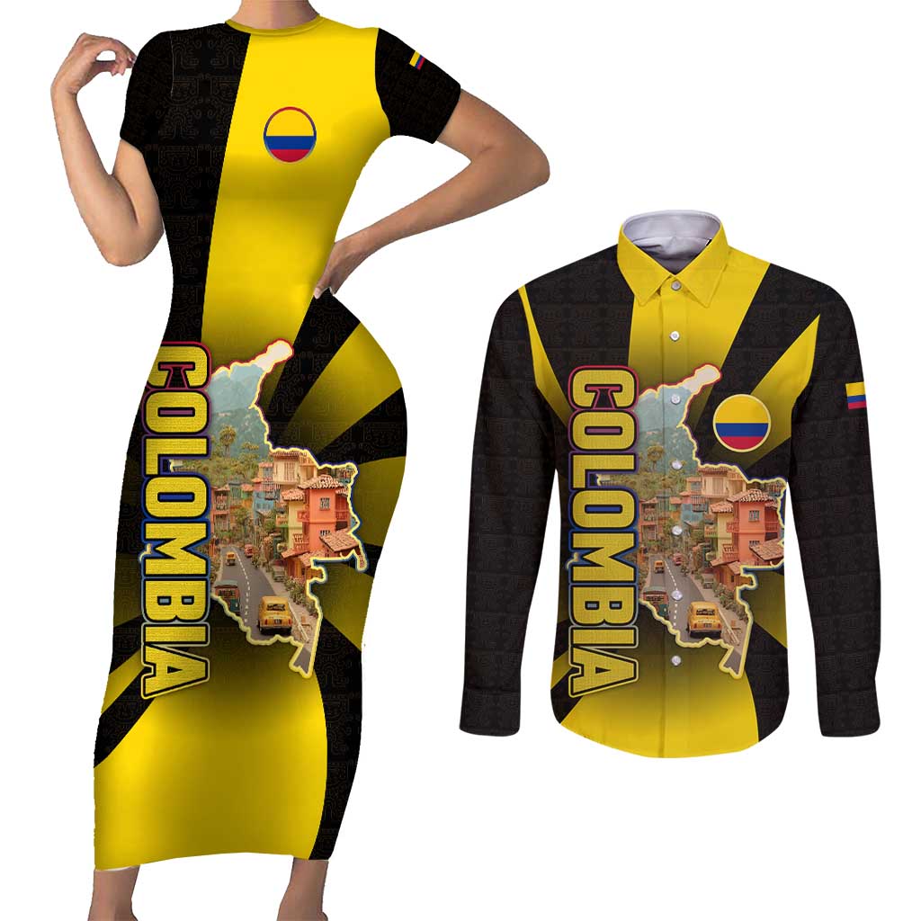 Colombia Heritage Couples Matching Short Sleeve Bodycon Dress and Long Sleeve Button Shirt with Yellow Black Flag Map and City Street Art - Wonder Print Shop