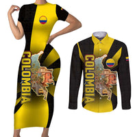 Colombia Heritage Couples Matching Short Sleeve Bodycon Dress and Long Sleeve Button Shirt with Yellow Black Flag Map and City Street Art - Wonder Print Shop