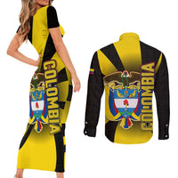 Colombia Heritage Couples Matching Short Sleeve Bodycon Dress and Long Sleeve Button Shirt with Yellow Black Flag Map and City Street Art - Wonder Print Shop