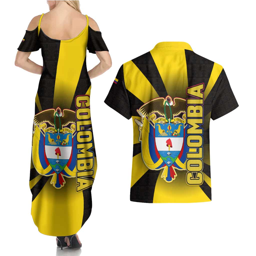 Colombia Heritage Couples Matching Summer Maxi Dress and Hawaiian Shirt with Yellow Black Flag Map and City Street Art - Wonder Print Shop