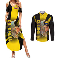 Colombia Heritage Couples Matching Summer Maxi Dress and Long Sleeve Button Shirt with Yellow Black Flag Map and City Street Art - Wonder Print Shop