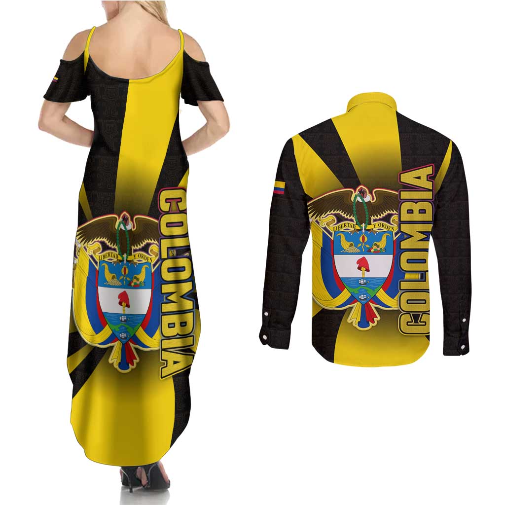 Colombia Heritage Couples Matching Summer Maxi Dress and Long Sleeve Button Shirt with Yellow Black Flag Map and City Street Art - Wonder Print Shop
