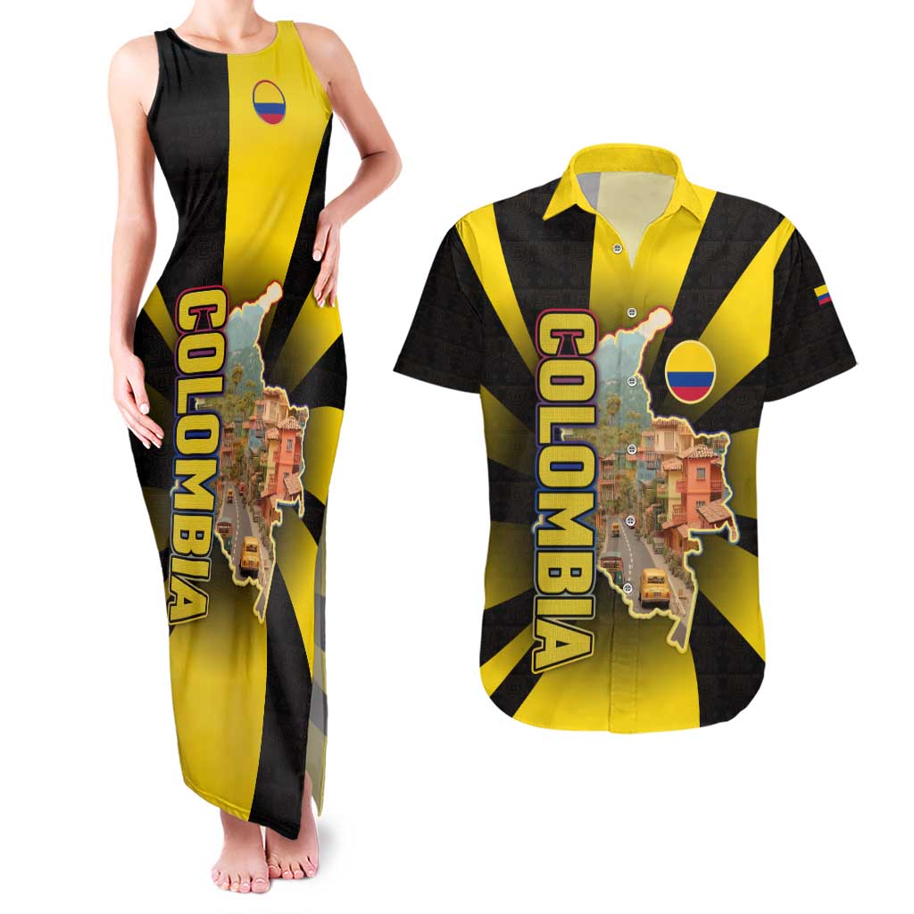Colombia Heritage Couples Matching Tank Maxi Dress and Hawaiian Shirt with Yellow Black Flag Map and City Street Art - Wonder Print Shop