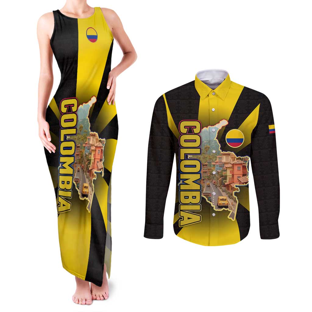 Colombia Heritage Couples Matching Tank Maxi Dress and Long Sleeve Button Shirt with Yellow Black Flag Map and City Street Art - Wonder Print Shop