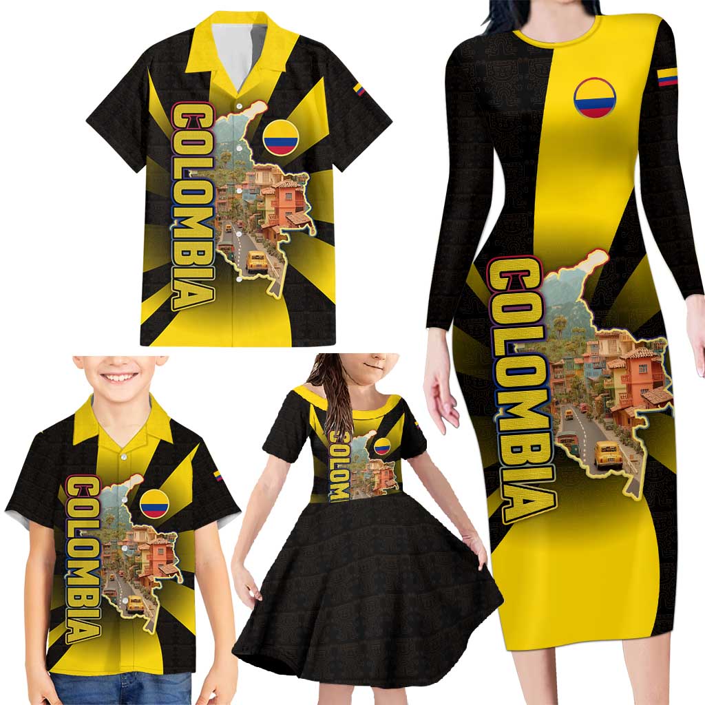 Colombia Heritage Family Matching Long Sleeve Bodycon Dress and Hawaiian Shirt with Yellow Black Flag Map and City Street Art - Wonder Print Shop