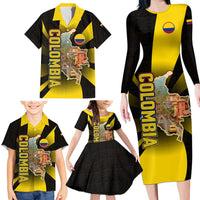 Colombia Heritage Family Matching Long Sleeve Bodycon Dress and Hawaiian Shirt with Yellow Black Flag Map and City Street Art - Wonder Print Shop