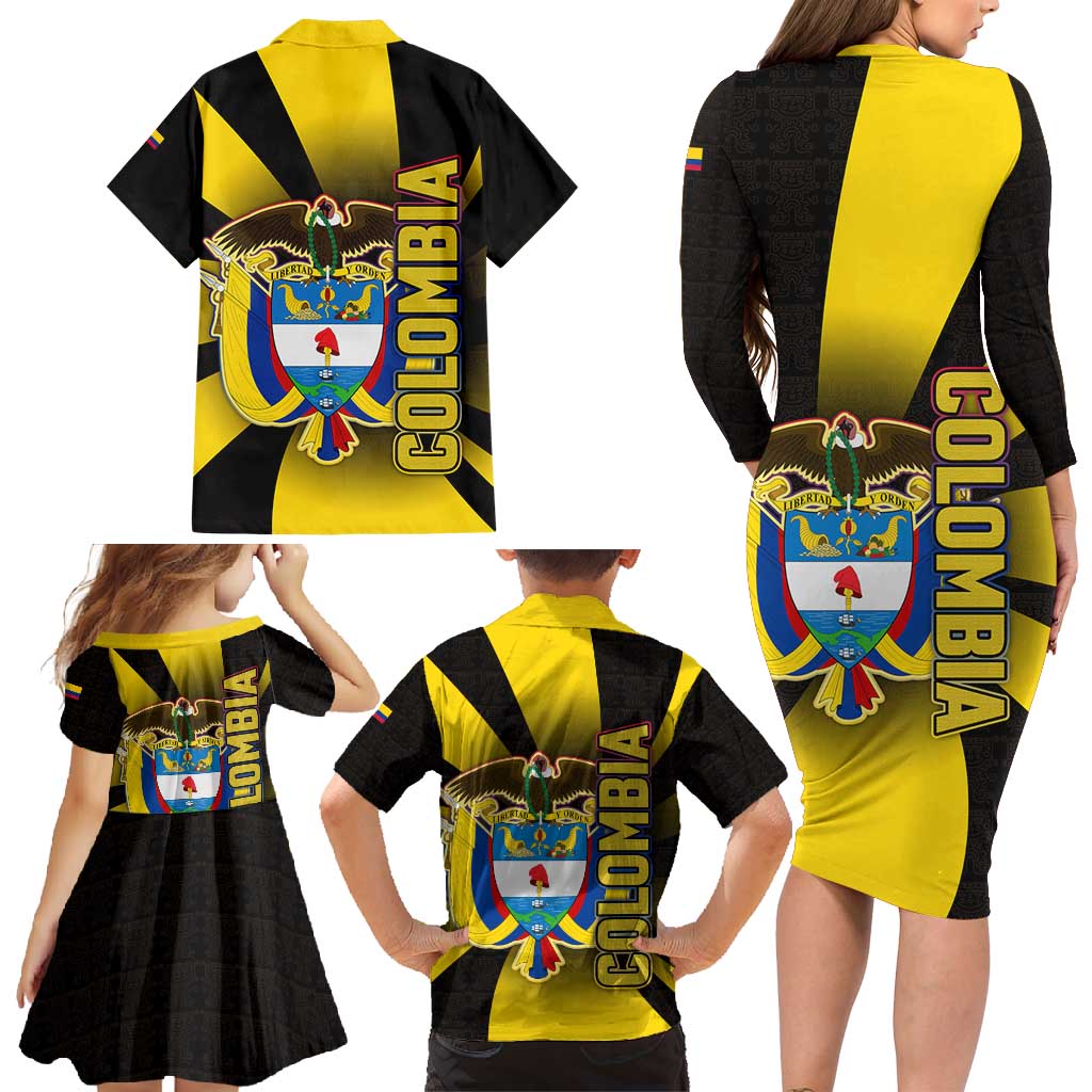 Colombia Heritage Family Matching Long Sleeve Bodycon Dress and Hawaiian Shirt with Yellow Black Flag Map and City Street Art - Wonder Print Shop