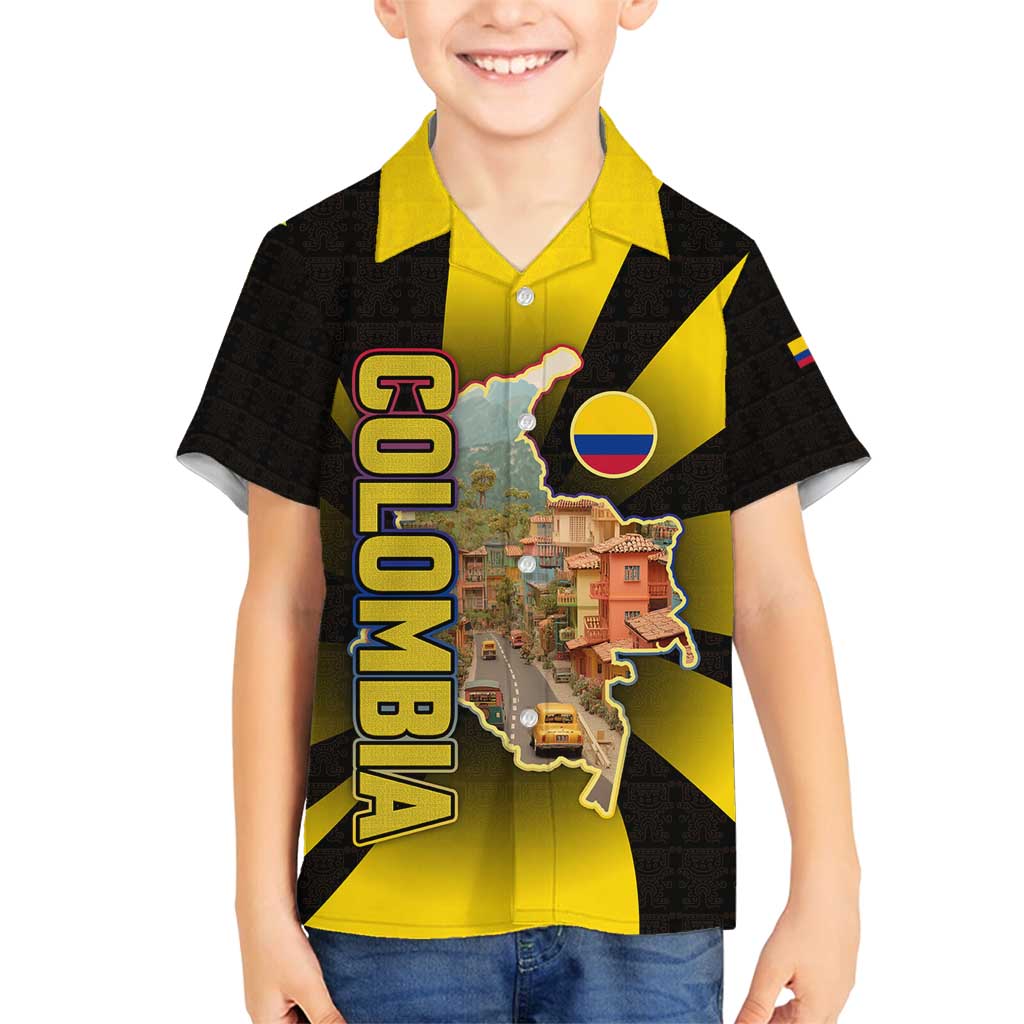 Colombia Heritage Family Matching Long Sleeve Bodycon Dress and Hawaiian Shirt with Yellow Black Flag Map and City Street Art - Wonder Print Shop