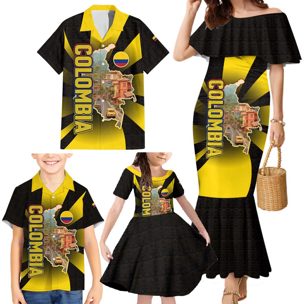Colombia Heritage Family Matching Mermaid Dress and Hawaiian Shirt with Yellow Black Flag Map and City Street Art - Wonder Print Shop