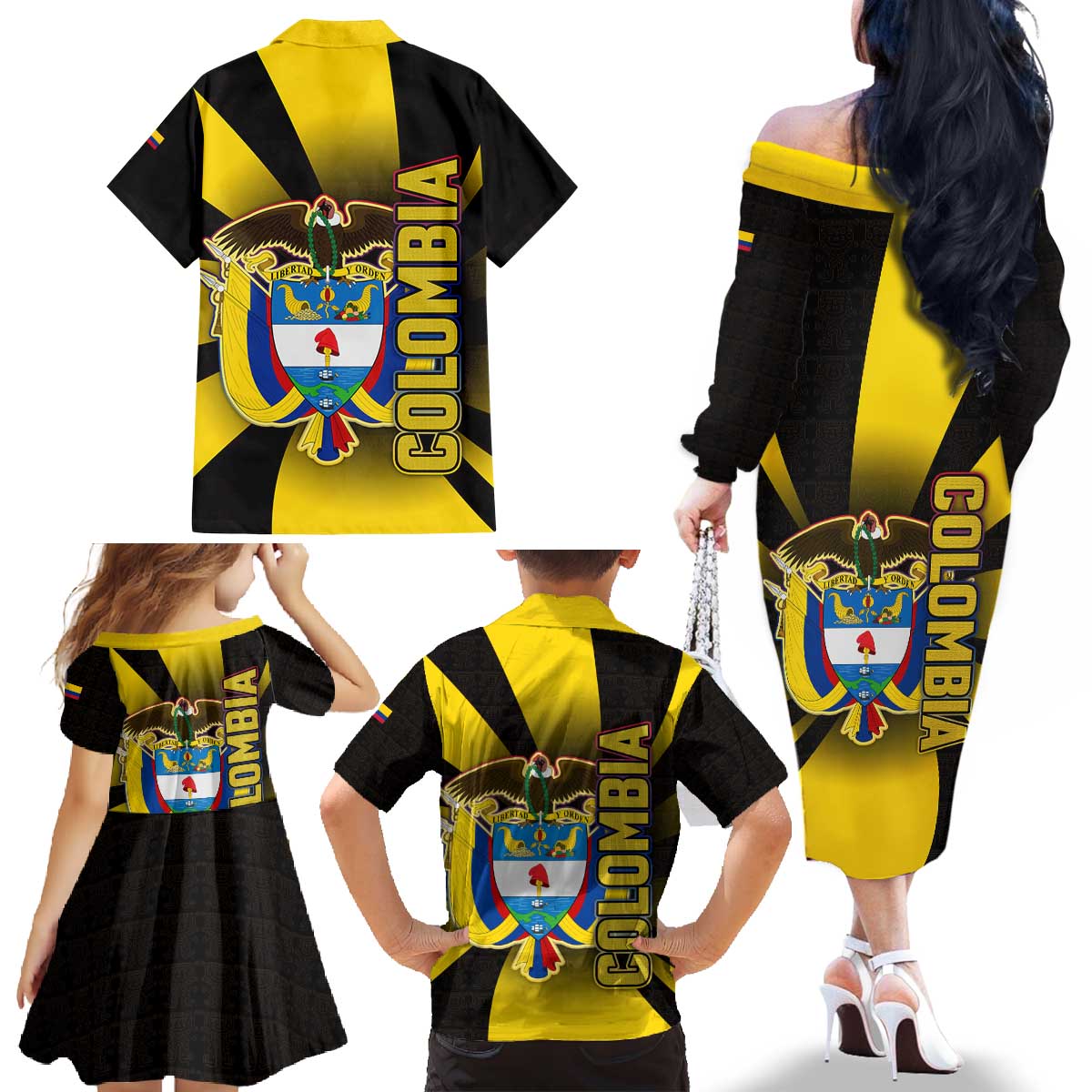 Colombia Heritage Family Matching Off The Shoulder Long Sleeve Dress and Hawaiian Shirt with Yellow Black Flag Map and City Street Art - Wonder Print Shop