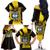 Colombia Heritage Family Matching Off The Shoulder Long Sleeve Dress and Hawaiian Shirt with Yellow Black Flag Map and City Street Art - Wonder Print Shop
