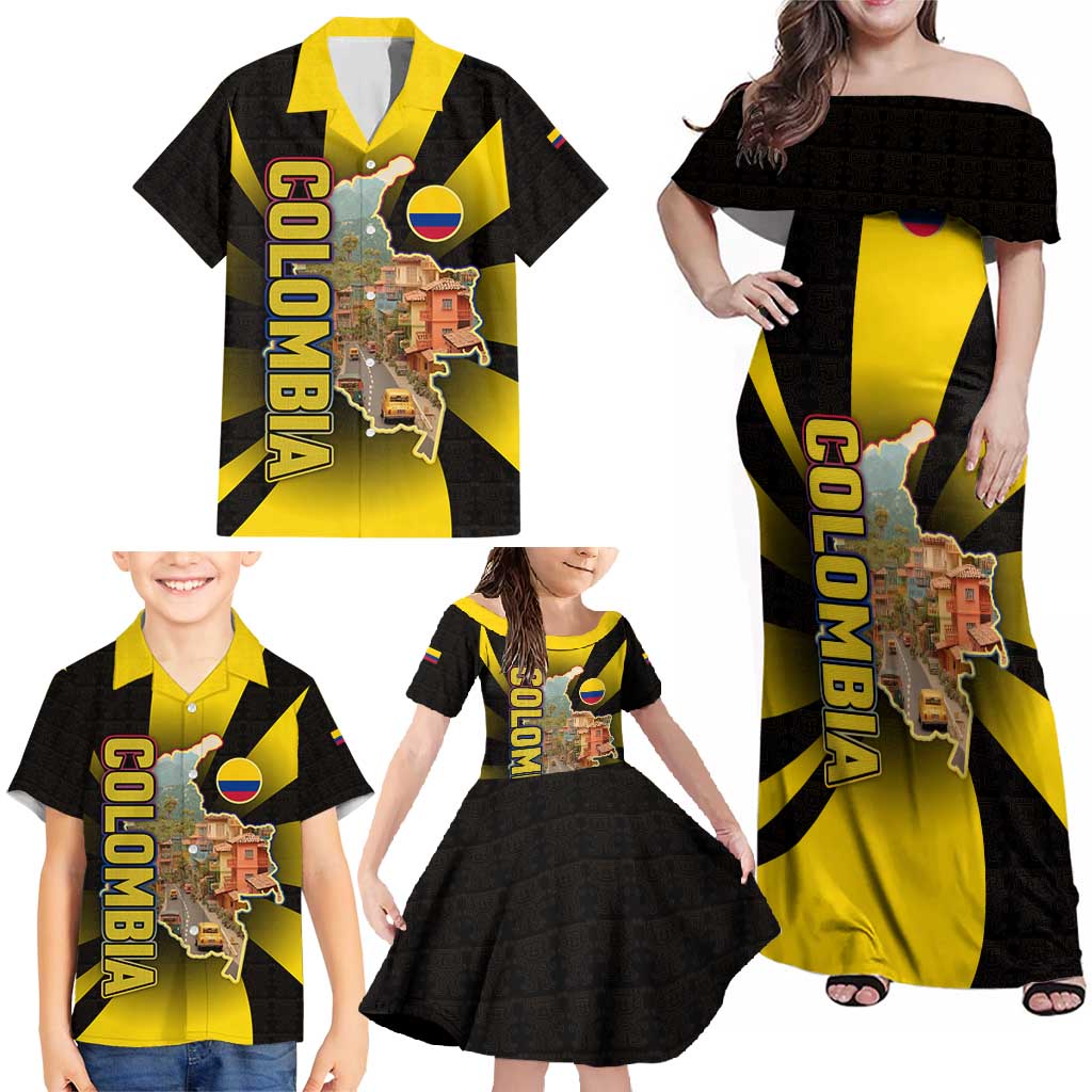 Colombia Heritage Family Matching Off Shoulder Maxi Dress and Hawaiian Shirt with Yellow Black Flag Map and City Street Art - Wonder Print Shop