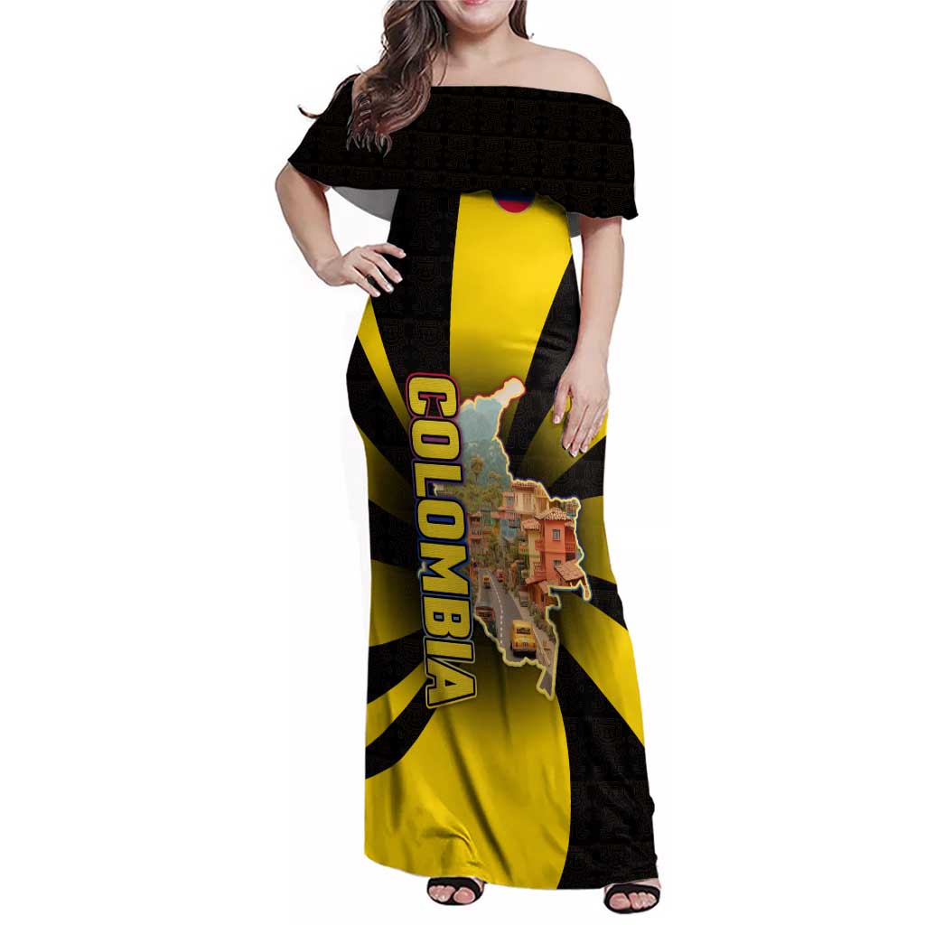 Colombia Heritage Family Matching Off Shoulder Maxi Dress and Hawaiian Shirt with Yellow Black Flag Map and City Street Art - Wonder Print Shop