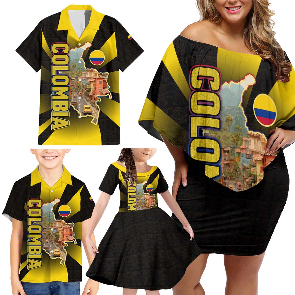 Colombia Heritage Family Matching Off Shoulder Short Dress and Hawaiian Shirt with Yellow Black Flag Map and City Street Art - Wonder Print Shop