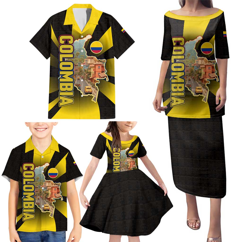 Colombia Heritage Family Matching Puletasi and Hawaiian Shirt with Yellow Black Flag Map and City Street Art - Wonder Print Shop