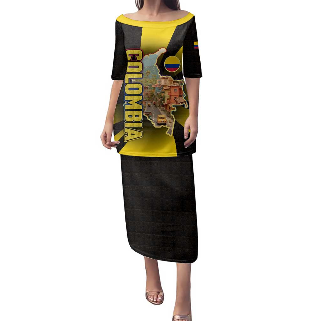 Colombia Heritage Family Matching Puletasi and Hawaiian Shirt with Yellow Black Flag Map and City Street Art - Wonder Print Shop