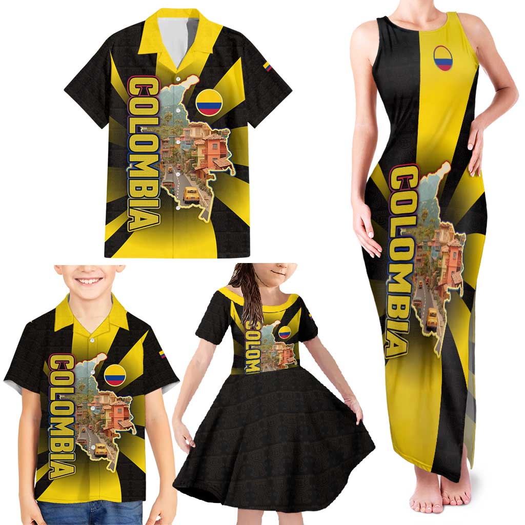 Colombia Heritage Family Matching Tank Maxi Dress and Hawaiian Shirt with Yellow Black Flag Map and City Street Art - Wonder Print Shop