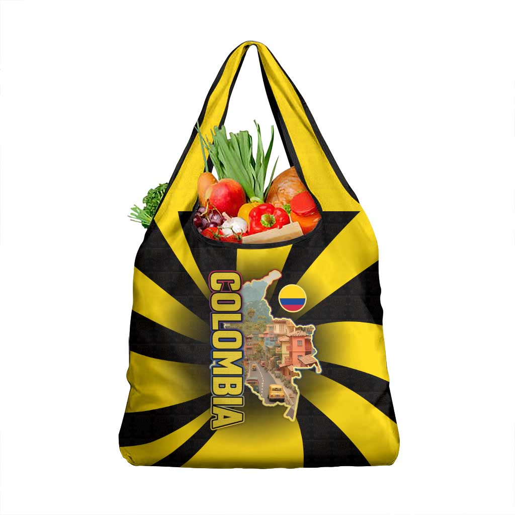 Colombia Heritage Grocery Bag with Yellow Black Flag Map and City Street Art - Wonder Print Shop