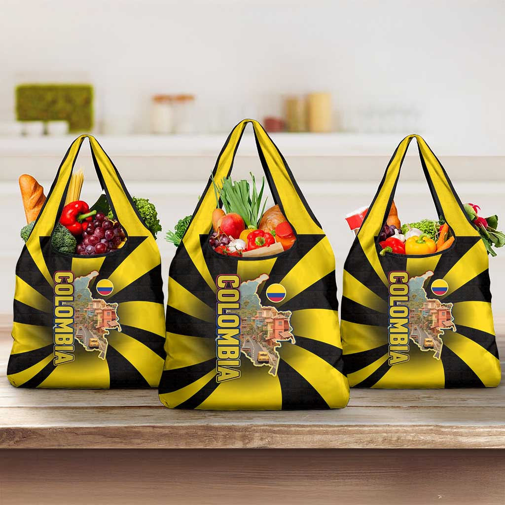 Colombia Heritage Grocery Bag with Yellow Black Flag Map and City Street Art - Wonder Print Shop