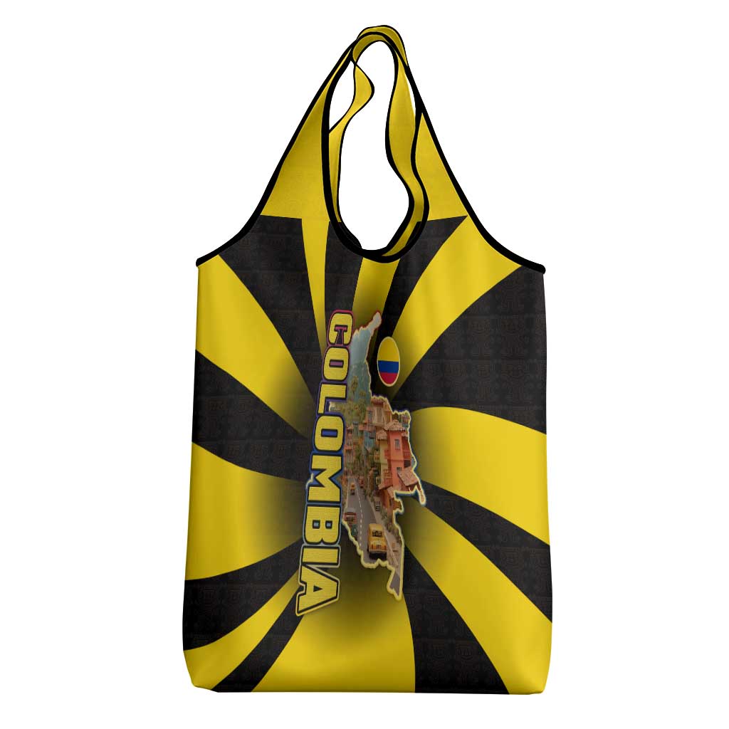 Colombia Heritage Grocery Bag with Yellow Black Flag Map and City Street Art - Wonder Print Shop
