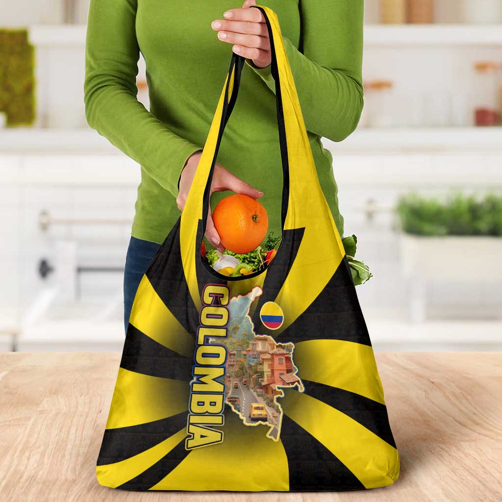 Colombia Heritage Grocery Bag with Yellow Black Flag Map and City Street Art - Wonder Print Shop