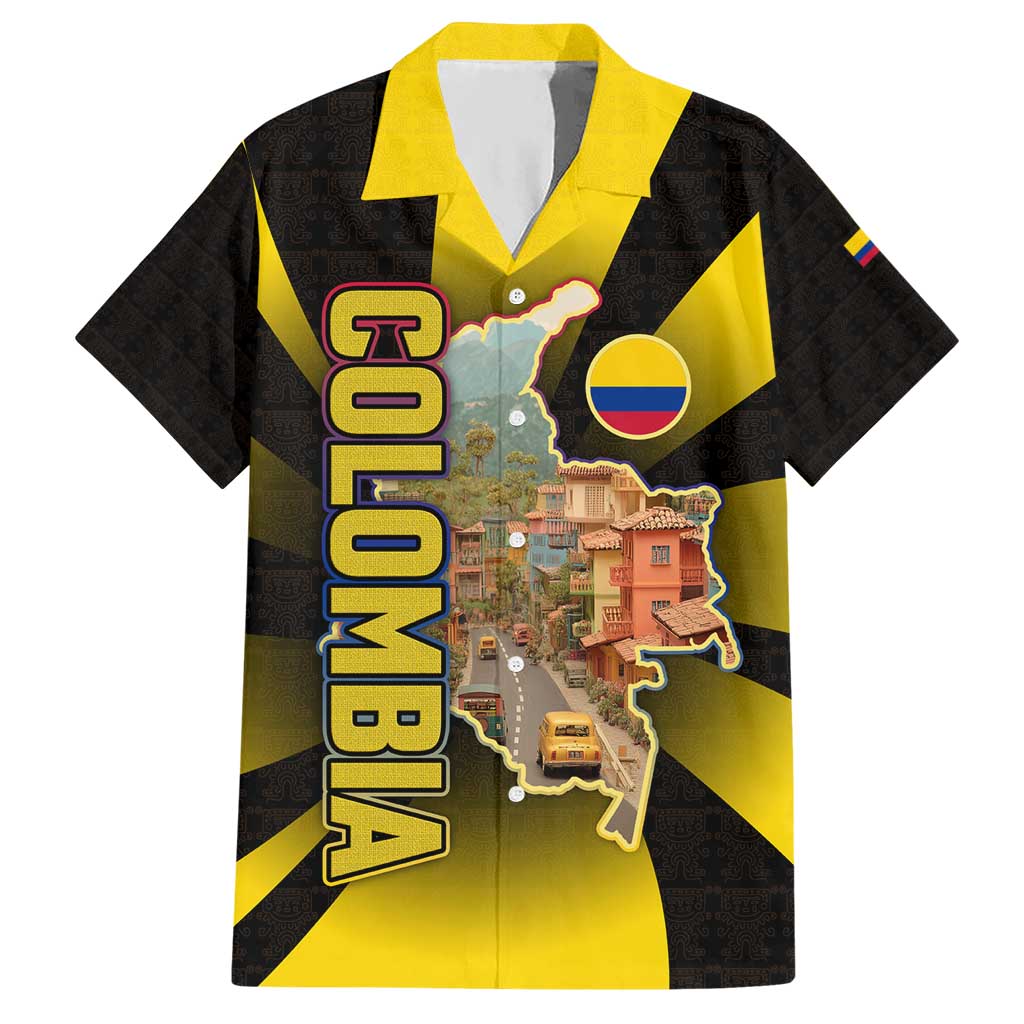Colombia Heritage Hawaiian Shirt with Yellow Black Flag Map and City Street Art - Wonder Print Shop
