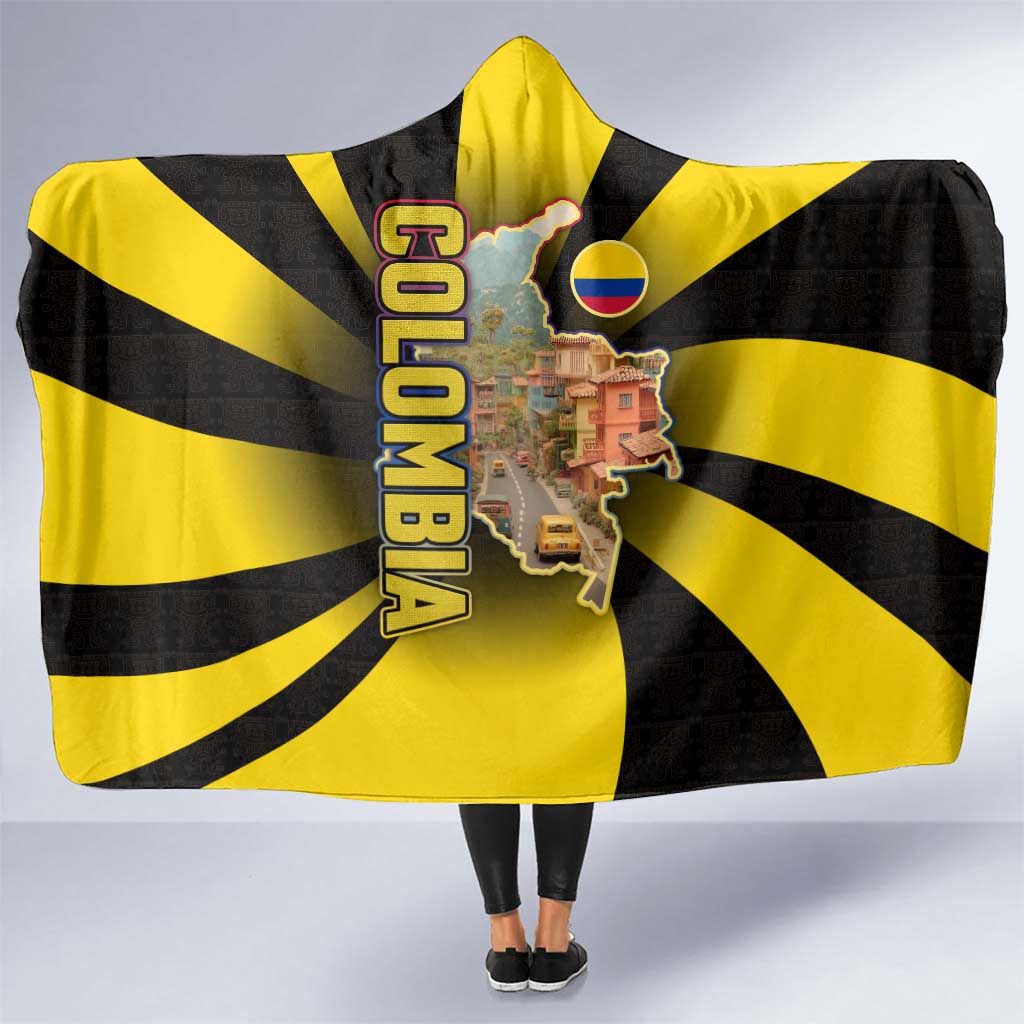 Colombia Heritage Hooded Blanket with Yellow Black Flag Map and City Street Art - Wonder Print Shop