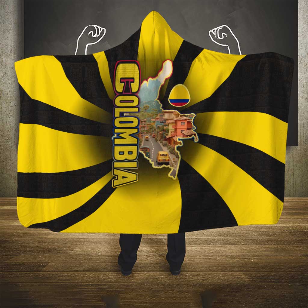 Colombia Heritage Hooded Blanket with Yellow Black Flag Map and City Street Art - Wonder Print Shop