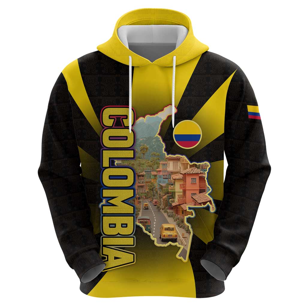 Colombia Heritage Hoodie with Yellow Black Flag Map and City Street Art - Wonder Print Shop