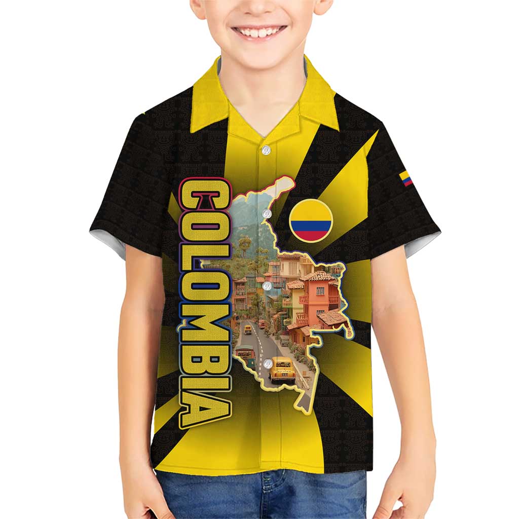 Colombia Heritage Kid Hawaiian Shirt with Yellow Black Flag Map and City Street Art - Wonder Print Shop