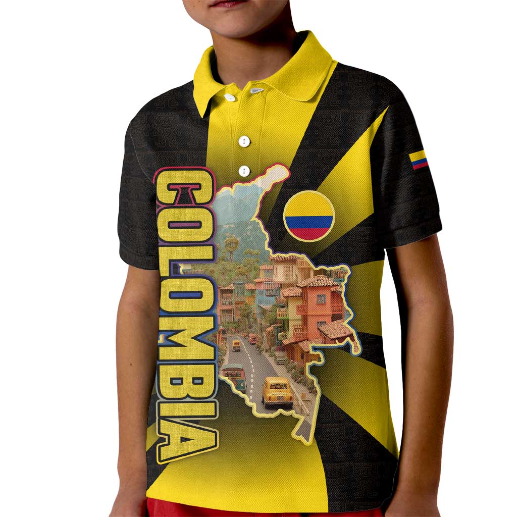 Colombia Heritage Kid Polo Shirt with Yellow Black Flag Map and City Street Art - Wonder Print Shop