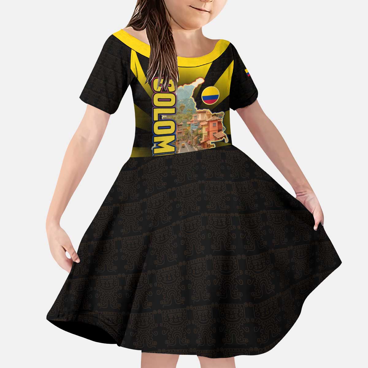 Colombia Heritage Kid Short Sleeve Dress with Yellow Black Flag Map and City Street Art - Wonder Print Shop