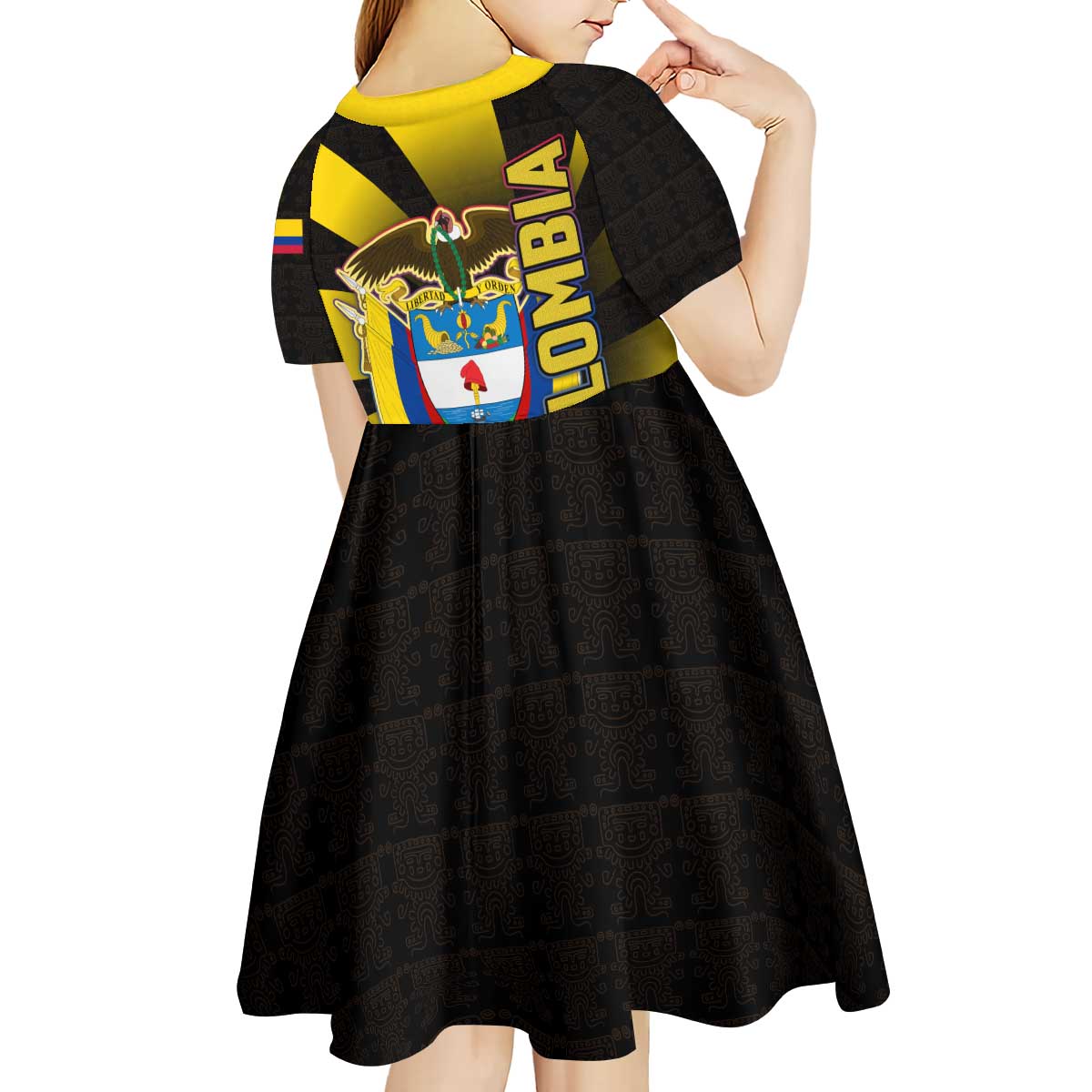 Colombia Heritage Kid Short Sleeve Dress with Yellow Black Flag Map and City Street Art - Wonder Print Shop
