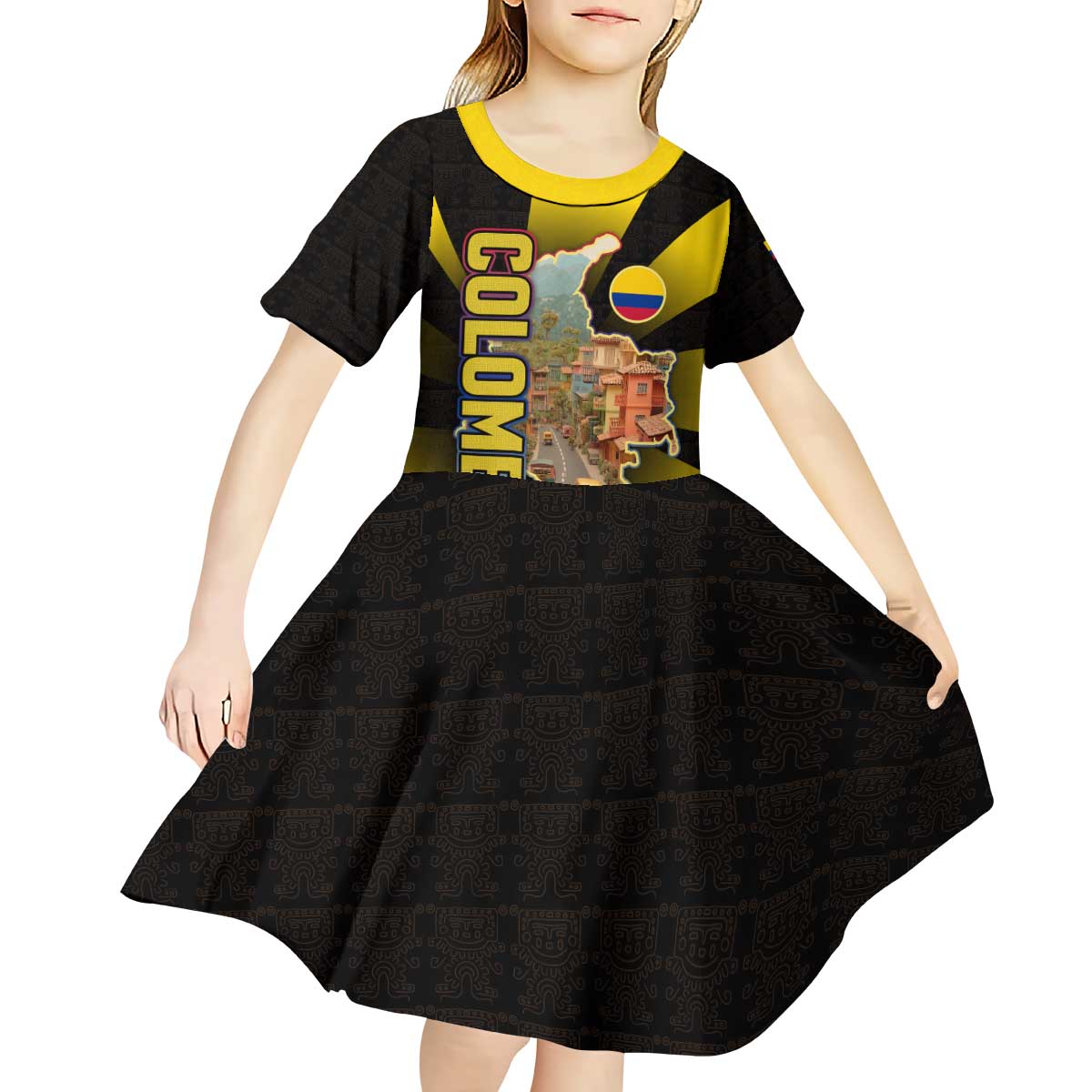 Colombia Heritage Kid Short Sleeve Dress with Yellow Black Flag Map and City Street Art - Wonder Print Shop