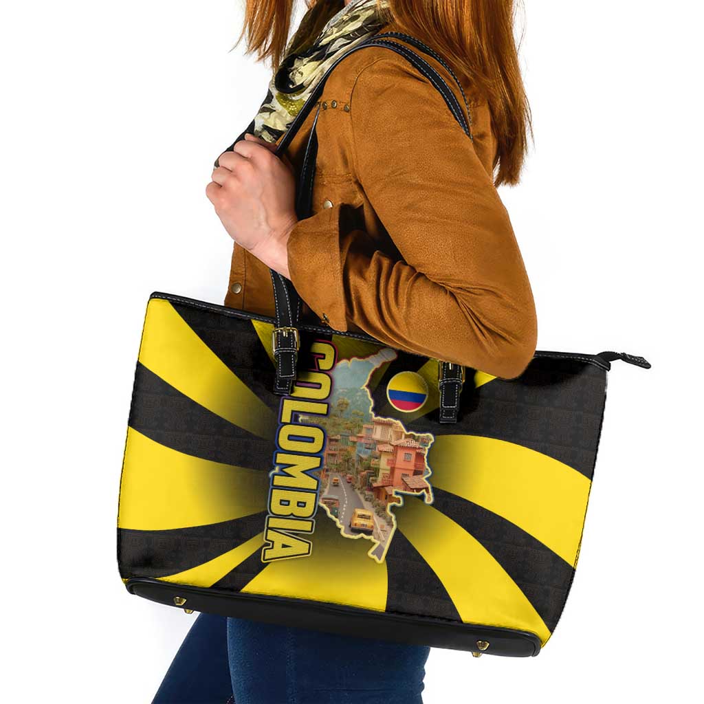 Colombia Heritage Leather Tote Bag with Yellow Black Flag Map and City Street Art - Wonder Print Shop