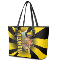 Colombia Heritage Leather Tote Bag with Yellow Black Flag Map and City Street Art - Wonder Print Shop