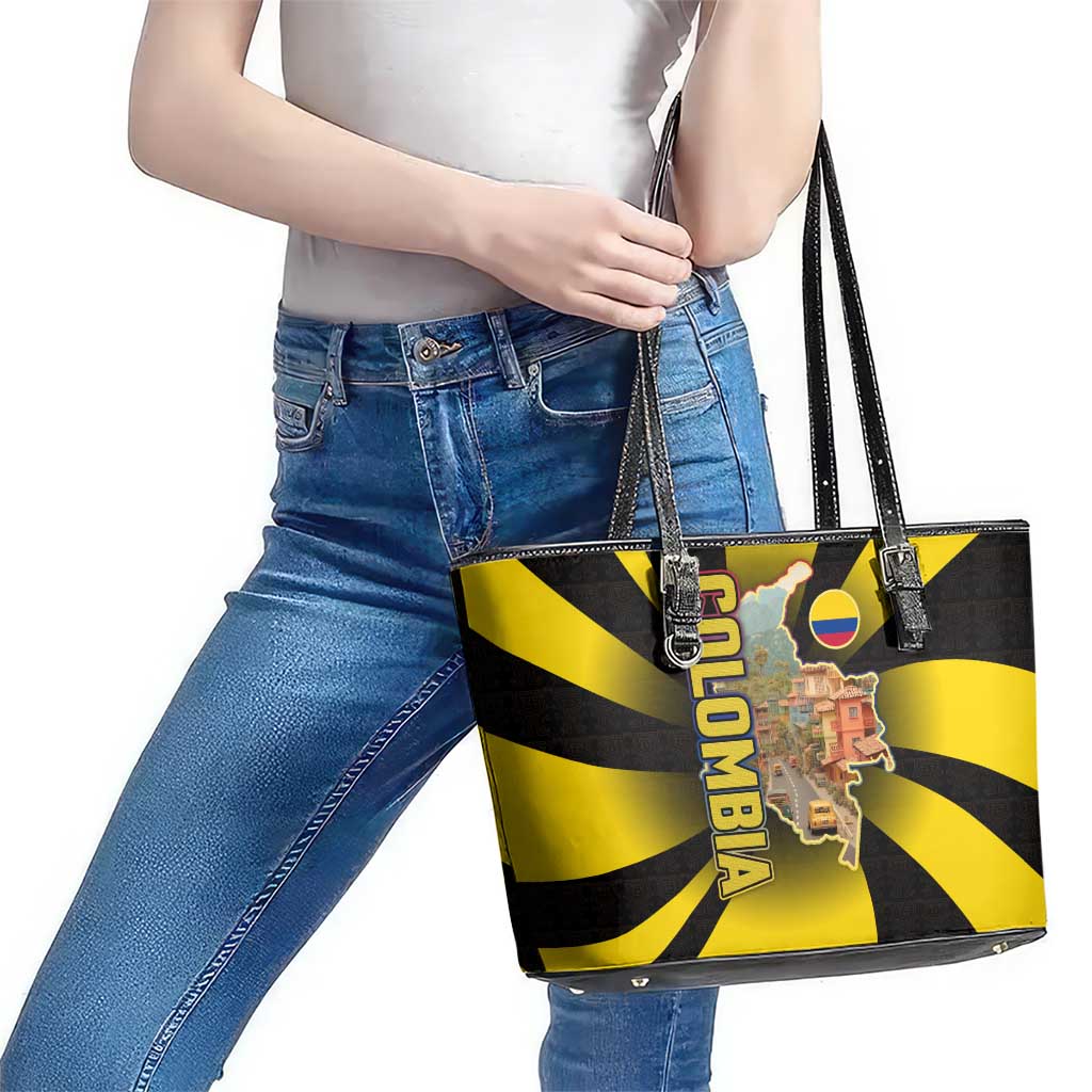 Colombia Heritage Leather Tote Bag with Yellow Black Flag Map and City Street Art - Wonder Print Shop