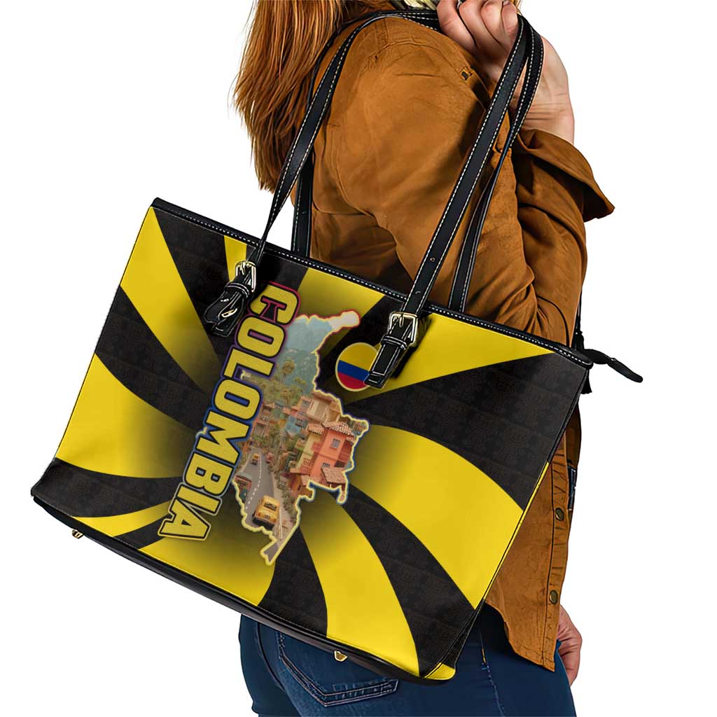 Colombia Heritage Leather Tote Bag with Yellow Black Flag Map and City Street Art - Wonder Print Shop