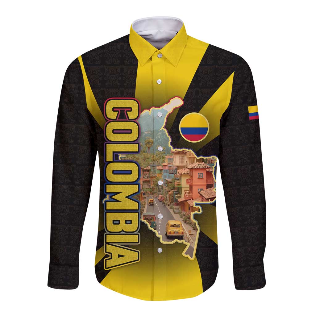 Colombia Heritage Long Sleeve Button Shirt with Yellow Black Flag Map and City Street Art - Wonder Print Shop