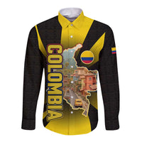Colombia Heritage Long Sleeve Button Shirt with Yellow Black Flag Map and City Street Art - Wonder Print Shop