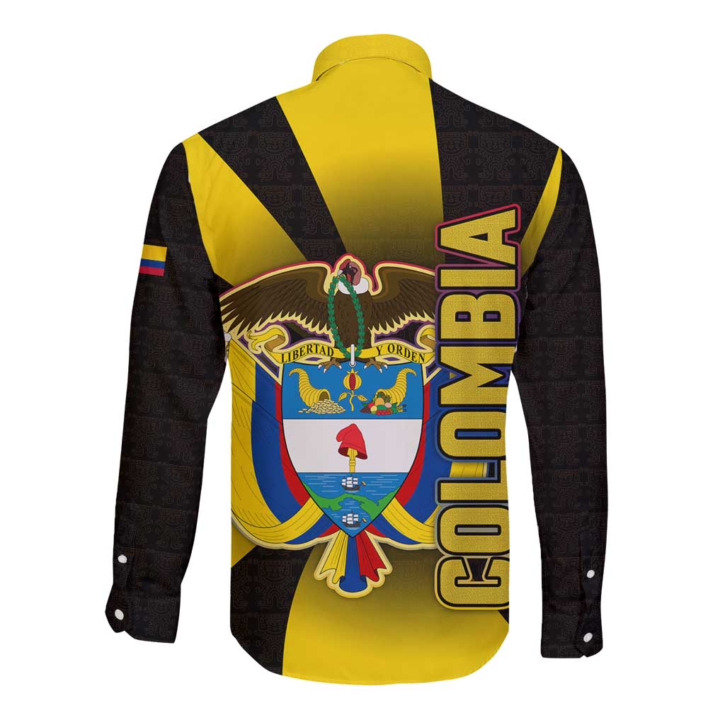 Colombia Heritage Long Sleeve Button Shirt with Yellow Black Flag Map and City Street Art - Wonder Print Shop