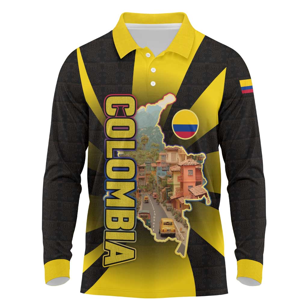 Colombia Heritage Long Sleeve Polo Shirt with Yellow Black Flag Map and City Street Art - Wonder Print Shop