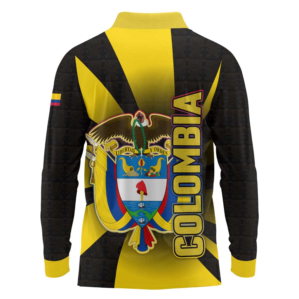 Colombia Heritage Long Sleeve Polo Shirt with Yellow Black Flag Map and City Street Art - Wonder Print Shop