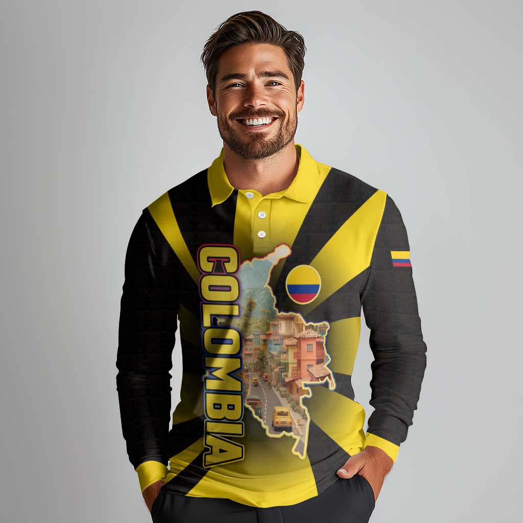 Colombia Heritage Long Sleeve Polo Shirt with Yellow Black Flag Map and City Street Art - Wonder Print Shop