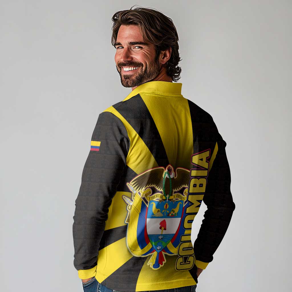 Colombia Heritage Long Sleeve Polo Shirt with Yellow Black Flag Map and City Street Art - Wonder Print Shop