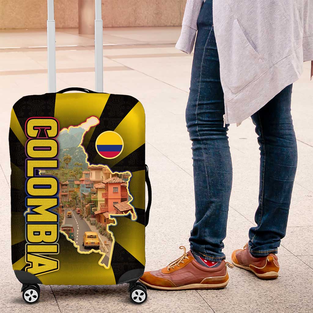 Colombia Heritage Luggage Cover with Yellow Black Flag Map and City Street Art - Wonder Print Shop