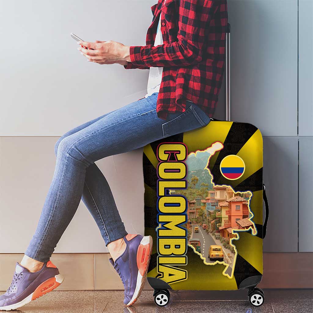 Colombia Heritage Luggage Cover with Yellow Black Flag Map and City Street Art - Wonder Print Shop