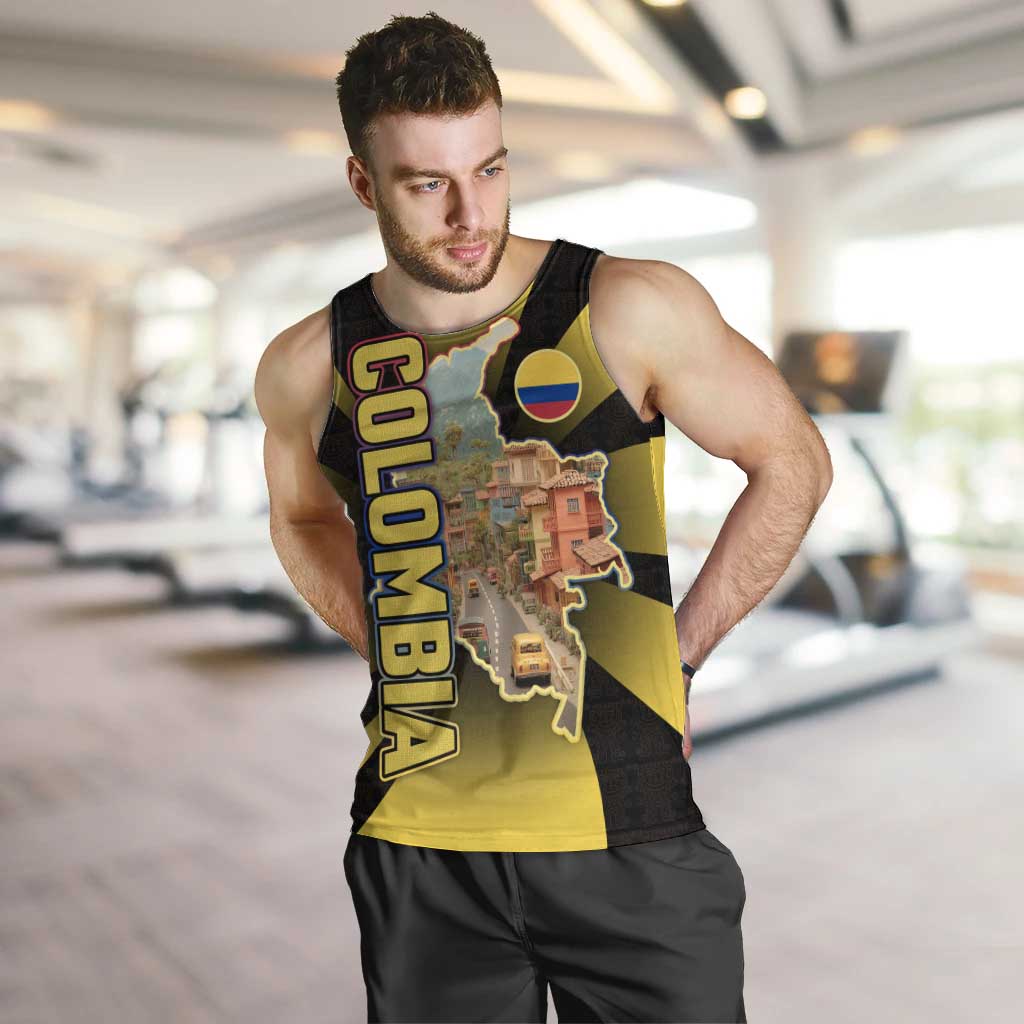 Colombia Heritage Men Tank Top with Yellow Black Flag Map and City Street Art - Wonder Print Shop